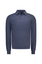 NZA men's front isolated view of a heathered blue long sleeve polo with three-button placket and ribbed cuffs