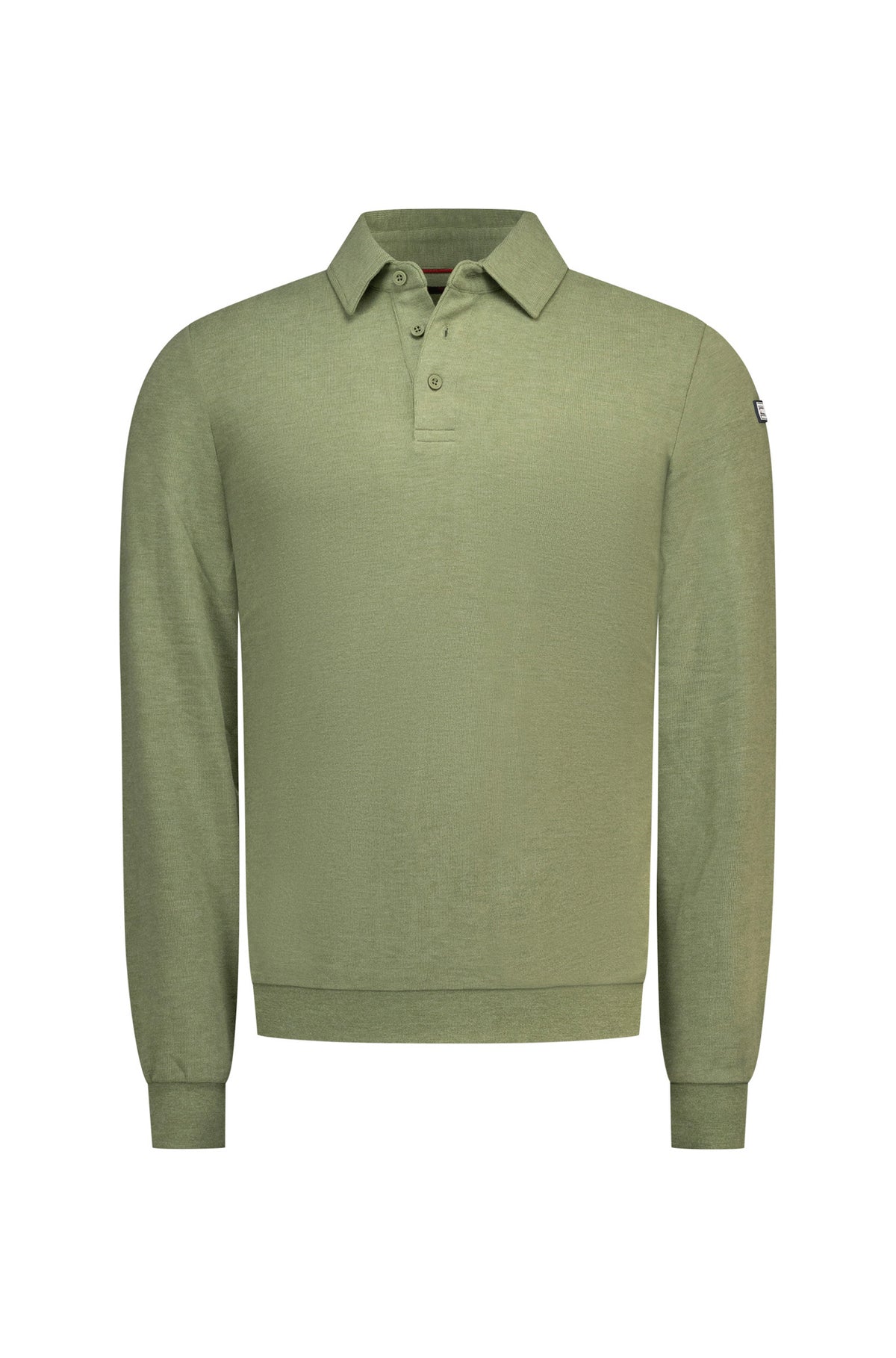 Polo vert olive à manches longues, col classique, patte à trois boutons et poignets côtelés, vue produit pour homme par NZA