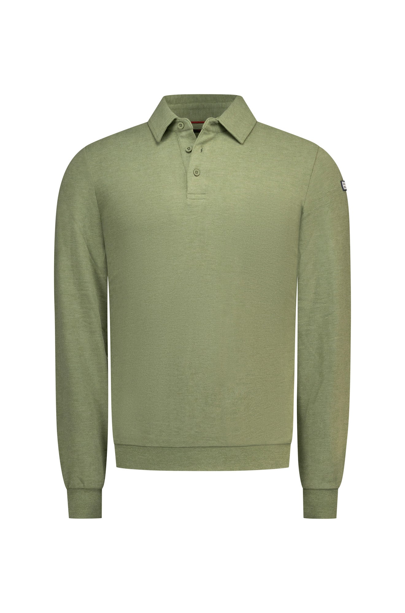 NZA men's olive green long sleeve polo shirt with point collar, three-button placket and ribbed cuffs, product view
