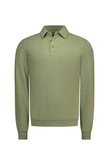 NZA men's olive green long sleeve polo shirt with point collar, three-button placket and ribbed cuffs, product view