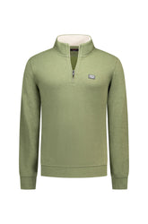 Men's olive green half-zip sweatshirt, front view with stand collar and chest logo patch by NZA