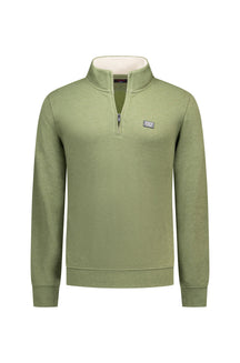 Men's olive green half-zip sweatshirt, front view with stand collar and chest logo patch by NZA