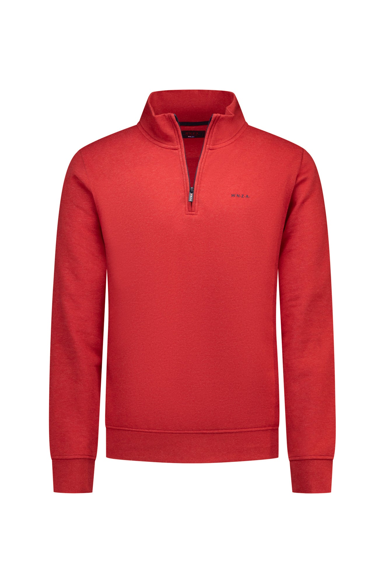 NZA men's red half-zip sweatshirt with stand collar, ribbed cuffs and small chest logo, front view