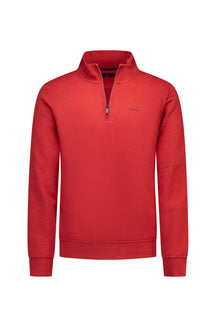 NZA men's red half-zip sweatshirt with stand collar, ribbed cuffs and small chest logo, front view