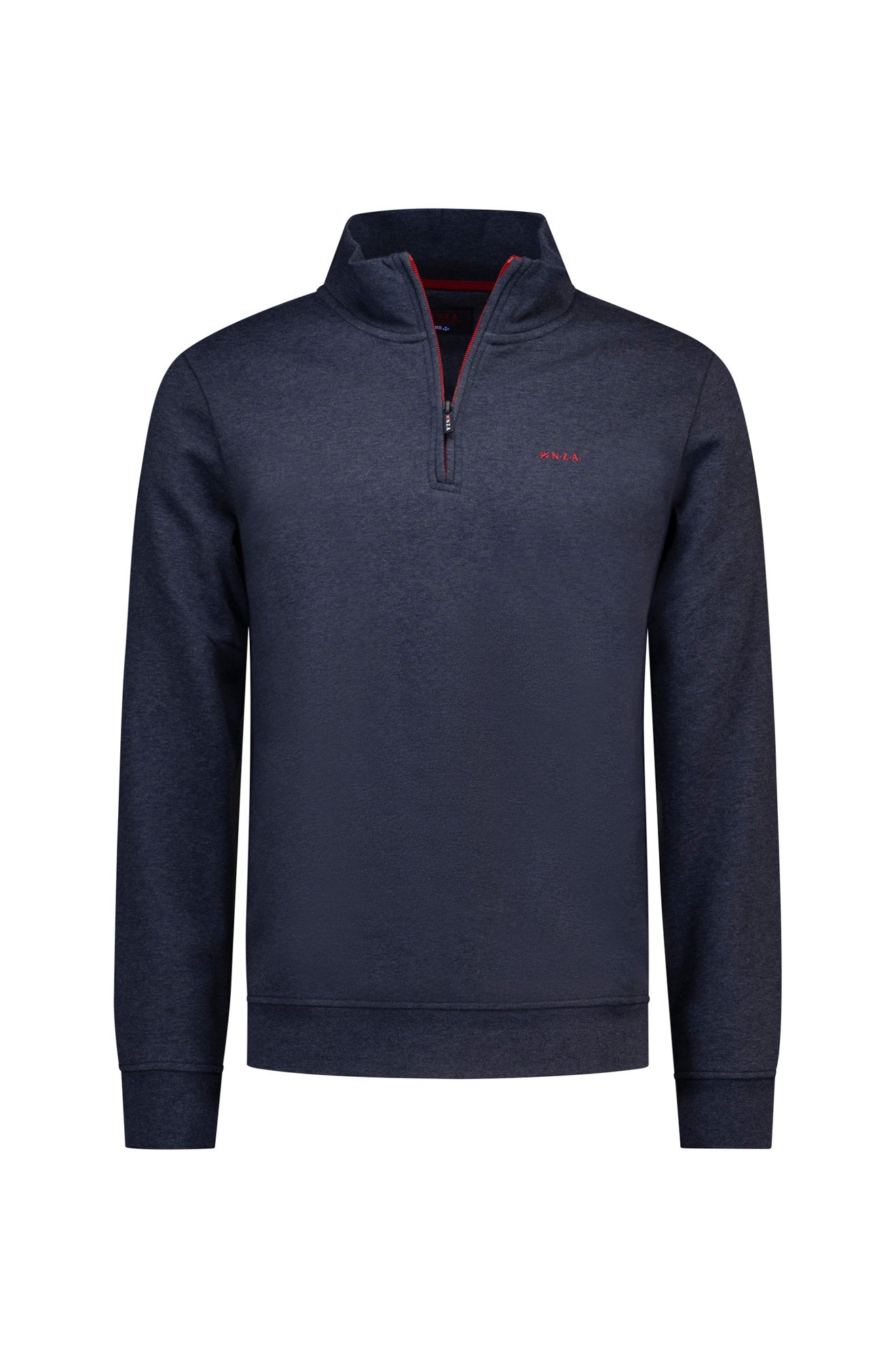 Chandail manches longues à demi-fermeture éclair marine isolé de face avec col montant et bordure rouge pour homme par NZA