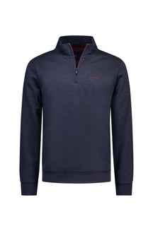 Chandail manches longues à demi-fermeture éclair marine isolé de face avec col montant et bordure rouge pour homme par NZA