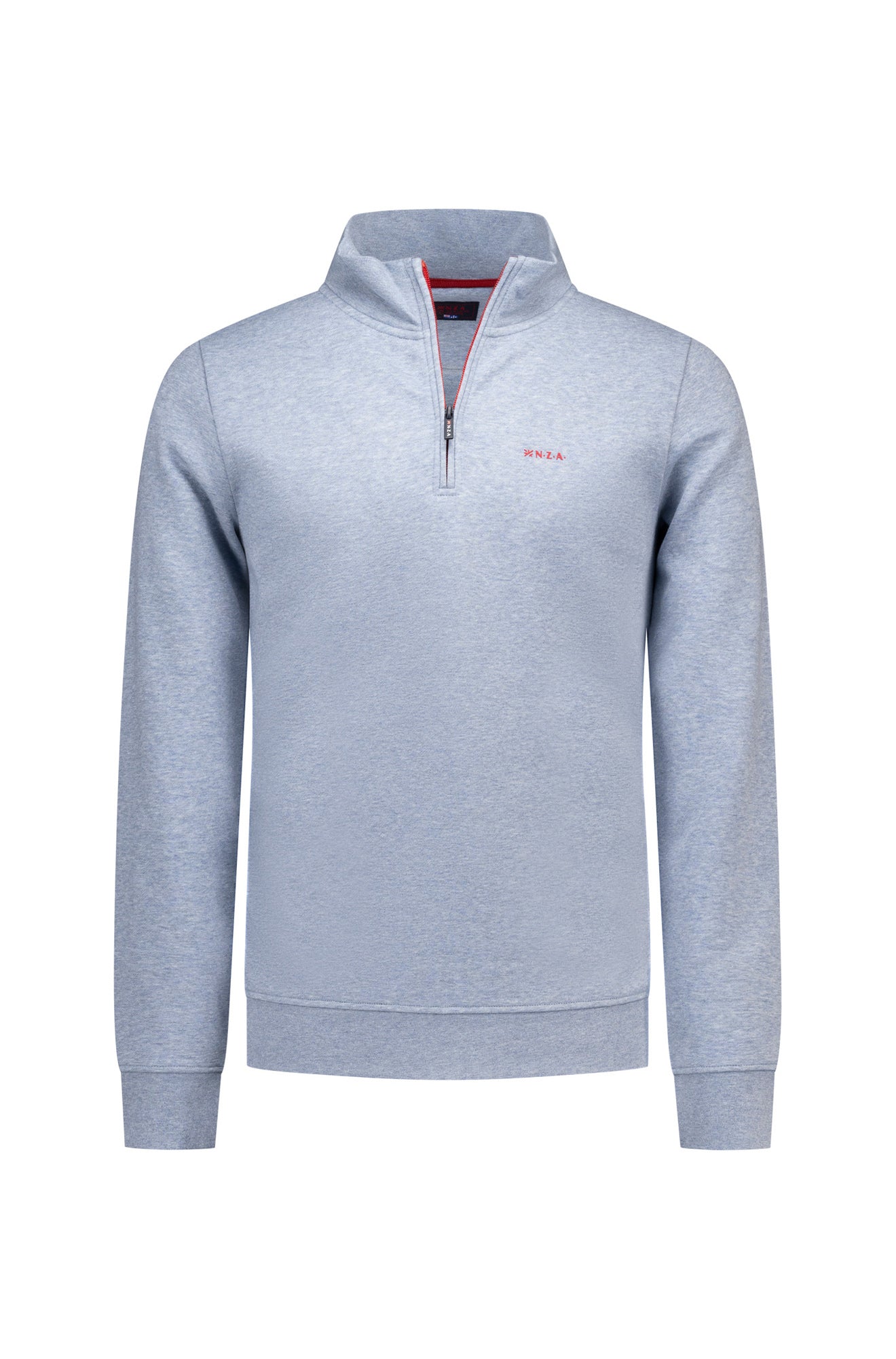 Men's light heather blue half-zip sweatshirt with stand collar, red trim, and small chest logo, product view by NZA