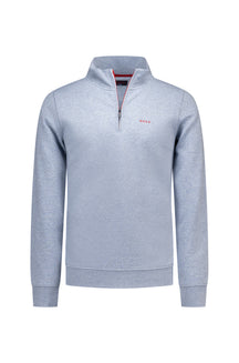 Men's light heather blue half-zip sweatshirt with stand collar, red trim, and small chest logo, product view by NZA