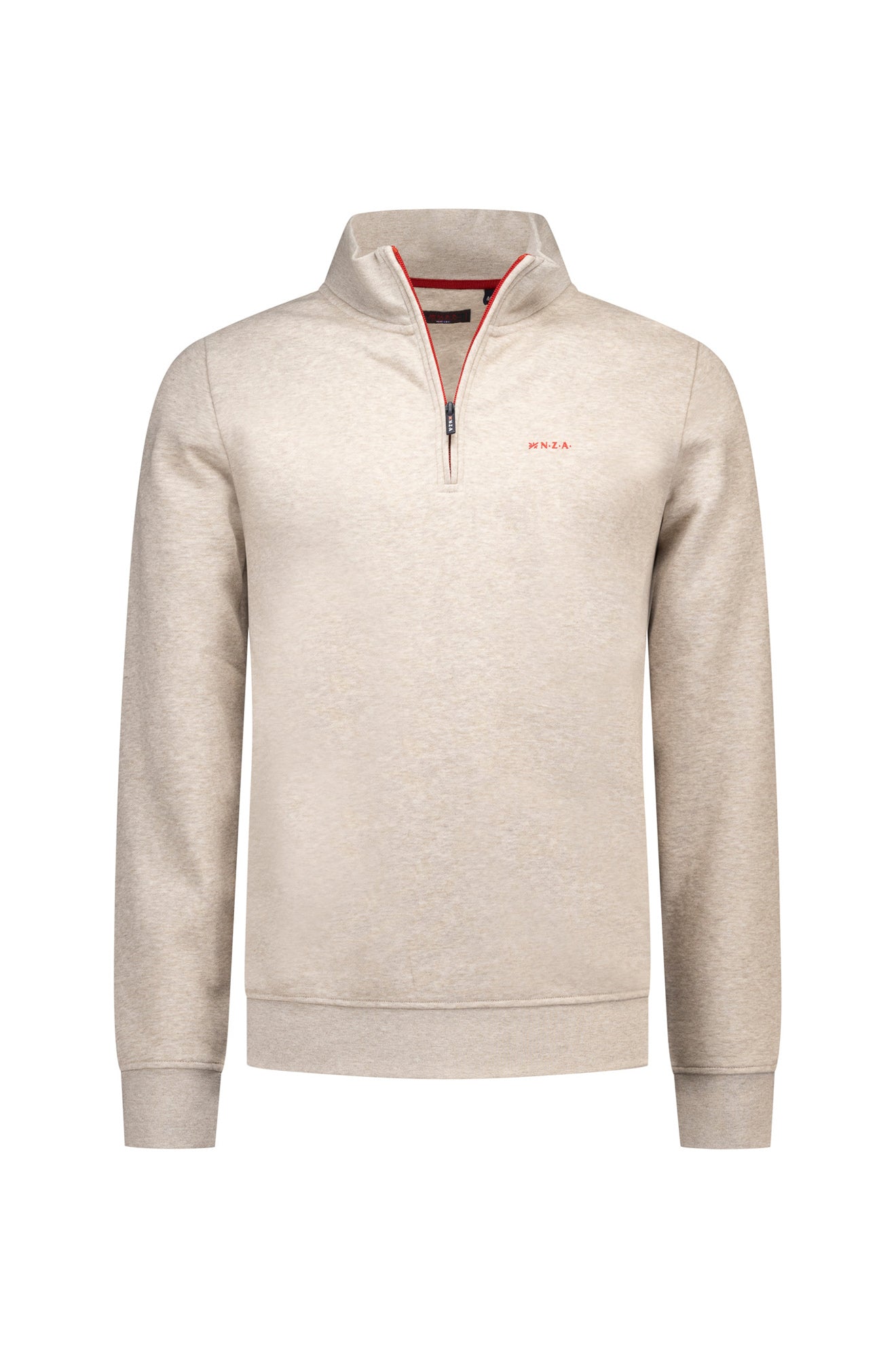 NZA men's beige heather half-zip sweatshirt with stand collar, red zipper trim, and small chest logo, product view