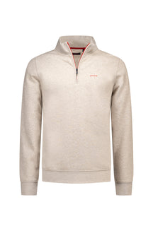 NZA men's beige heather half-zip sweatshirt with stand collar, red zipper trim, and small chest logo, product view