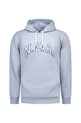 NZA men's light blue heather pullover hoodie with N.Z.A. chest lettering, white drawcords, and kangaroo pocket, product view