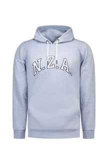 NZA men's light blue heather pullover hoodie with N.Z.A. chest lettering, white drawcords, and kangaroo pocket, product view