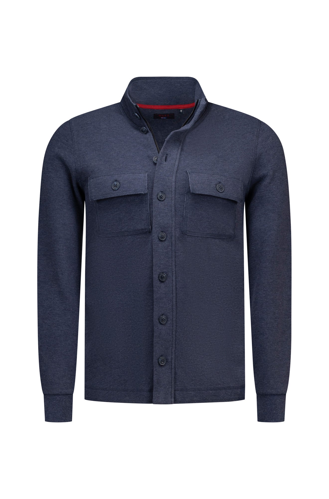 NZA men's navy overshirt front view with stand collar, button closure and flap chest pockets