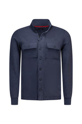 NZA men's navy overshirt front view with stand collar, button closure and flap chest pockets