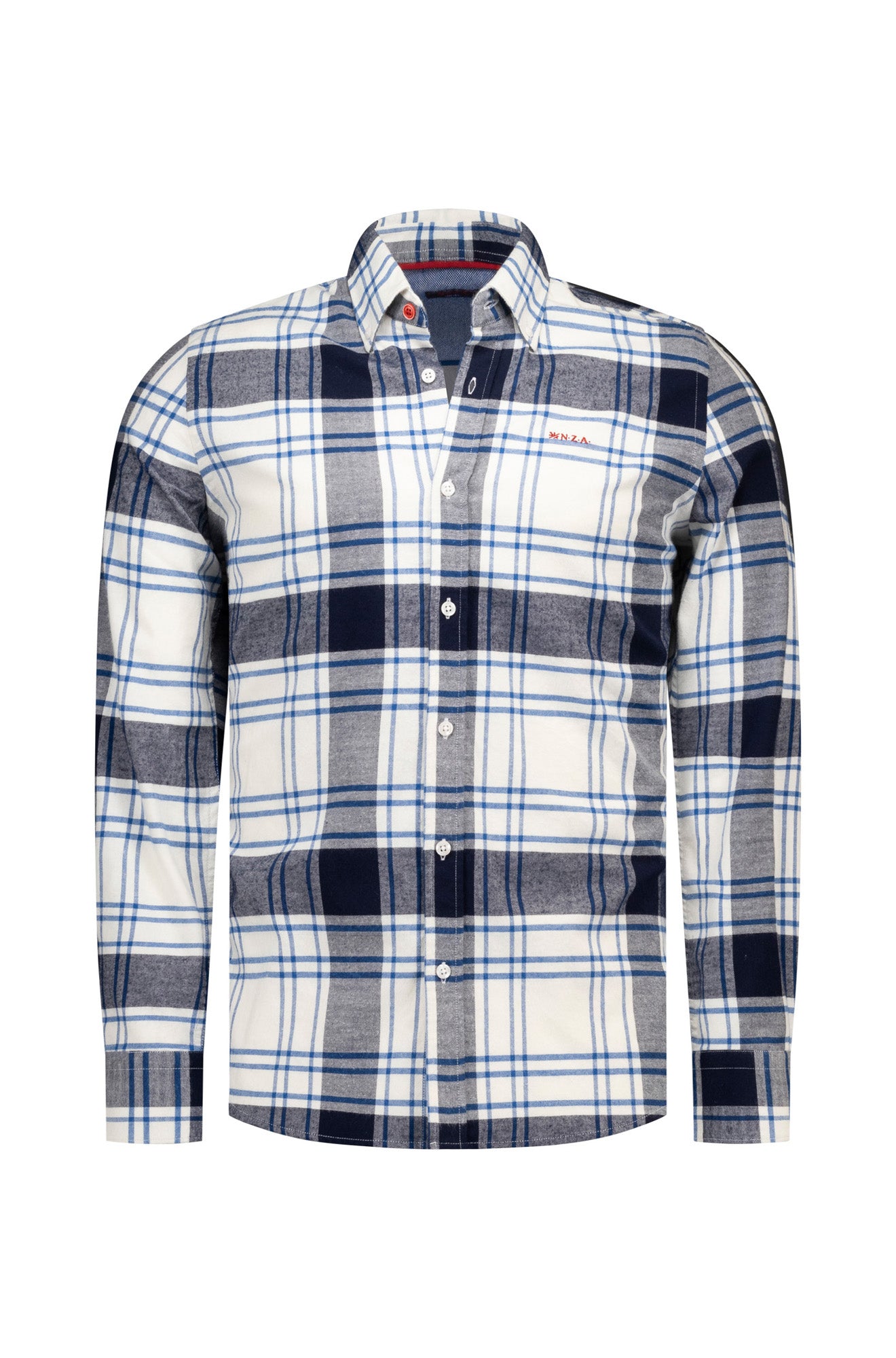 Chemise manches longues à carreaux blanche, marine et grise avec logo brodé à la poitrine pour homme par NZA, vue de face