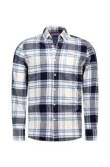 Chemise manches longues à carreaux blanche, marine et grise avec logo brodé à la poitrine pour homme par NZA, vue de face