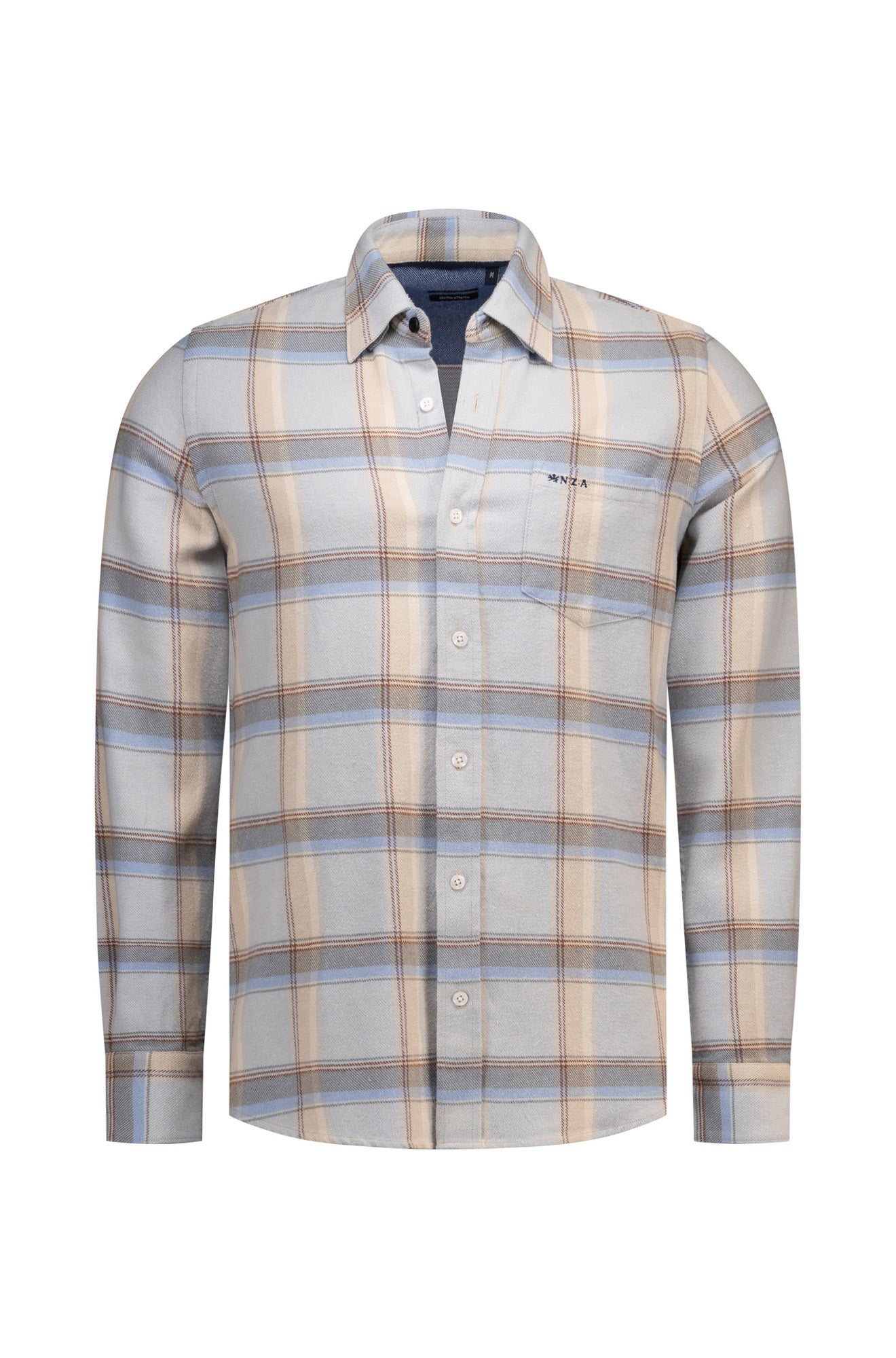 NZA men's light gray plaid long sleeve button-up shirt with chest pocket and small embroidered logo, product view