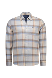 NZA men's light gray plaid long sleeve button-up shirt with chest pocket and small embroidered logo, product view