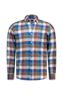 NZA men's blue, green, red and white plaid long sleeve button-up shirt with chest embroidery, front view