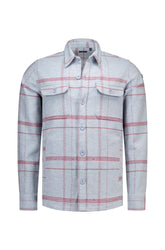 NZA men's light blue plaid overshirt with red lines, button front, and flap chest pockets, product view