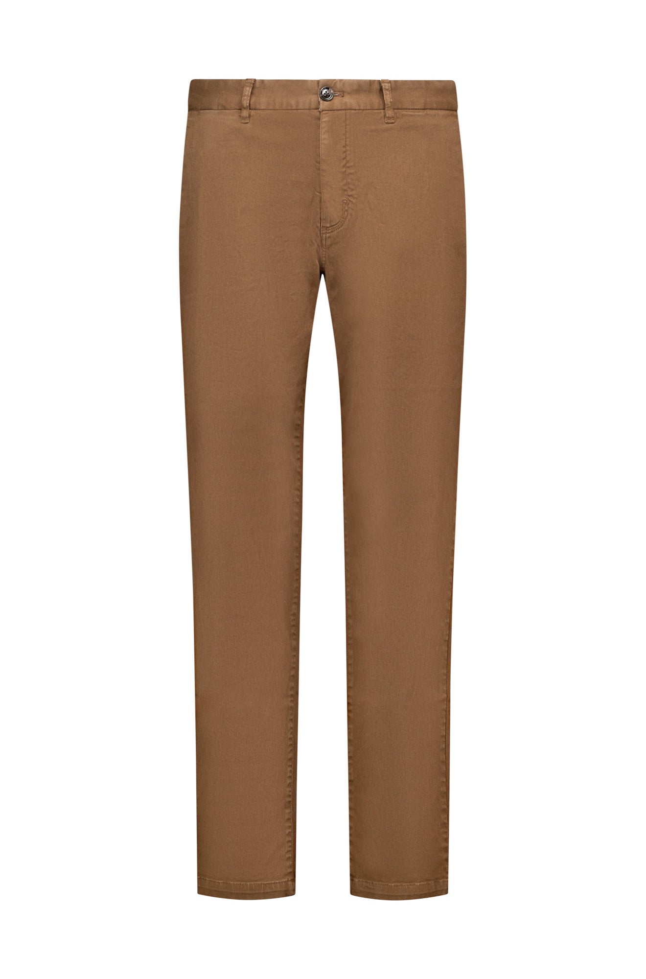 Men's front isolated view of brown chino straight-leg pants with belt loops, button closure by NZA