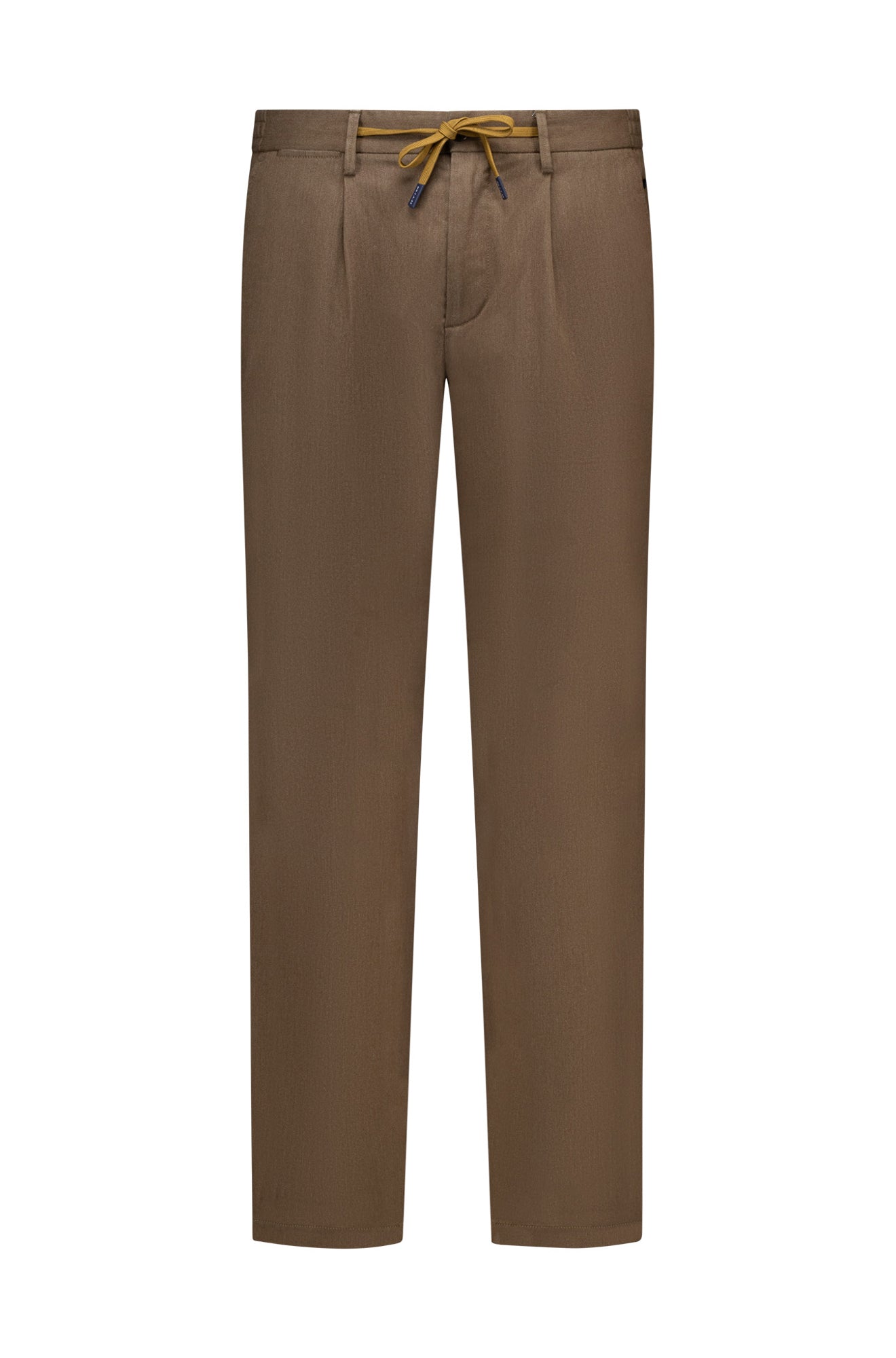 Men's brown chino drawstring straight-leg chino pants front view with belt loops and front fly by NZA