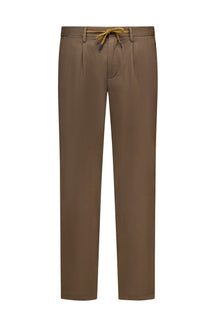 Men's brown chino drawstring straight-leg chino pants front view with belt loops and front fly by NZA