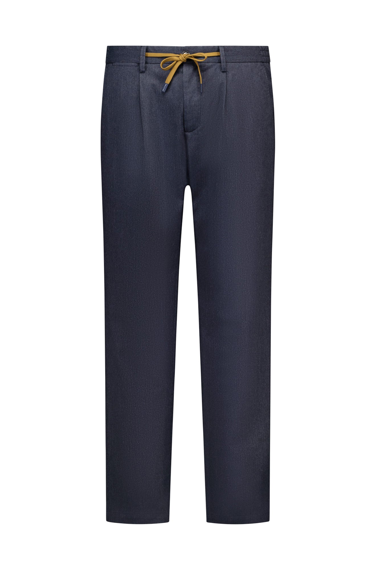 NZA men's dark navy wool-look chino straight-leg chino pants with a mustard drawcord and belt loops, front view