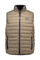 NZA men's taupe quilted padded vest, front view, with dark zippers, stand collar, and chest logo patch