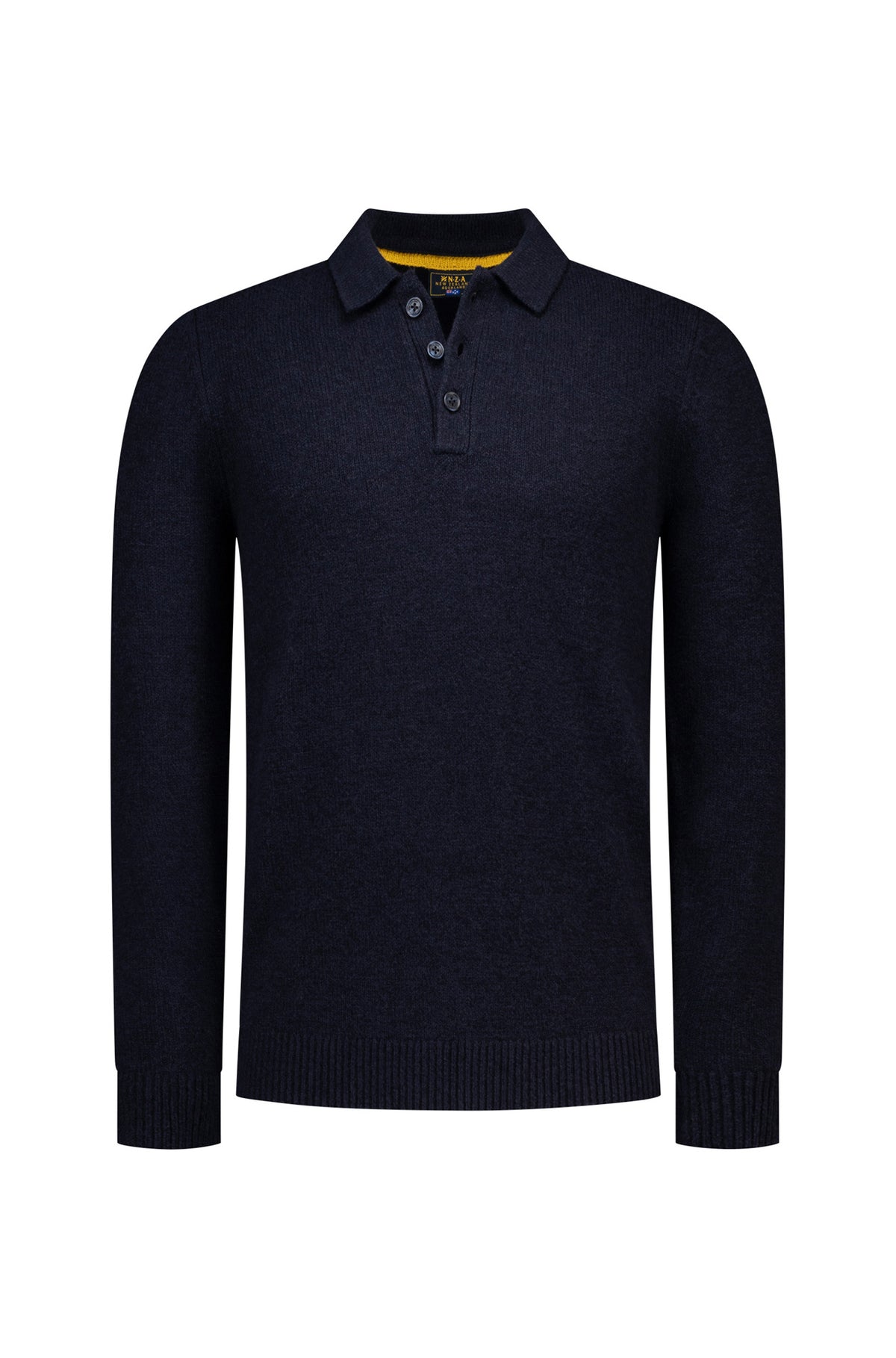 Polo manches longues en tricot bleu marine, vue de face avec col, patte boutonnée et bordures côtelées pour homme par NZA