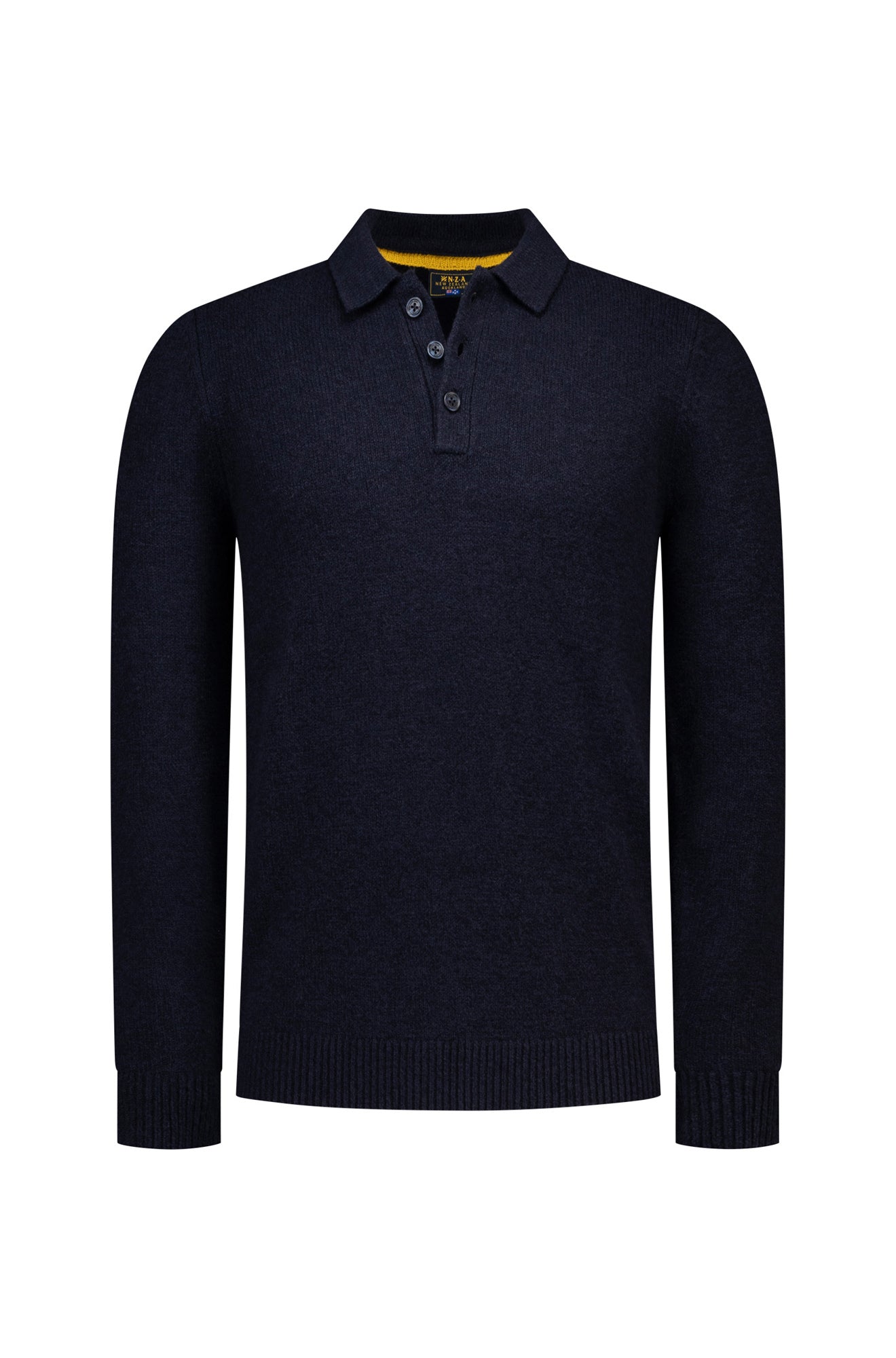 Men's navy knit long-sleeve polo, front view with collar, button placket, ribbed cuffs and hem by NZA