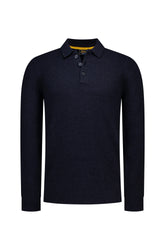 Men's navy knit long-sleeve polo, front view with collar, button placket, ribbed cuffs and hem by NZA