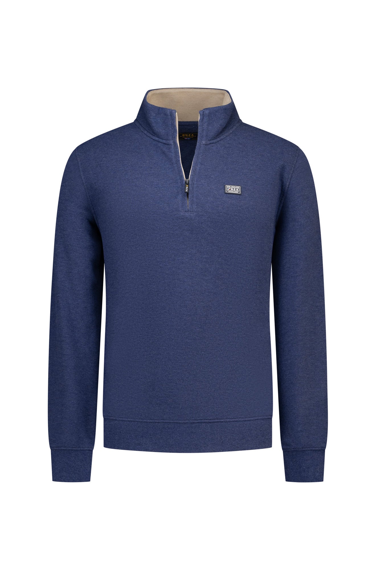 NZA men's blue half-zip sweatshirt front view with stand collar, beige inner collar, and chest logo patch