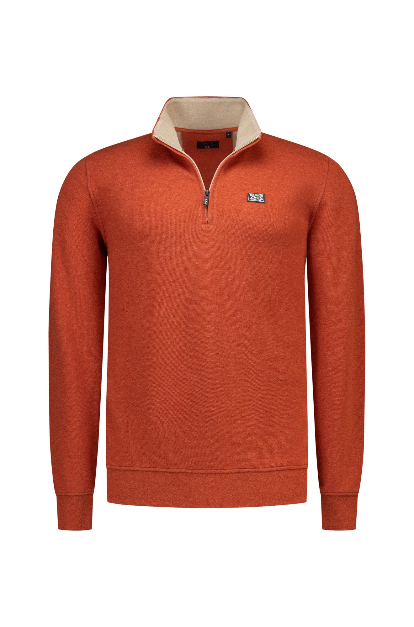 Men's rust orange half-zip sweatshirt with beige stand collar and small chest logo patch, product view by NZA