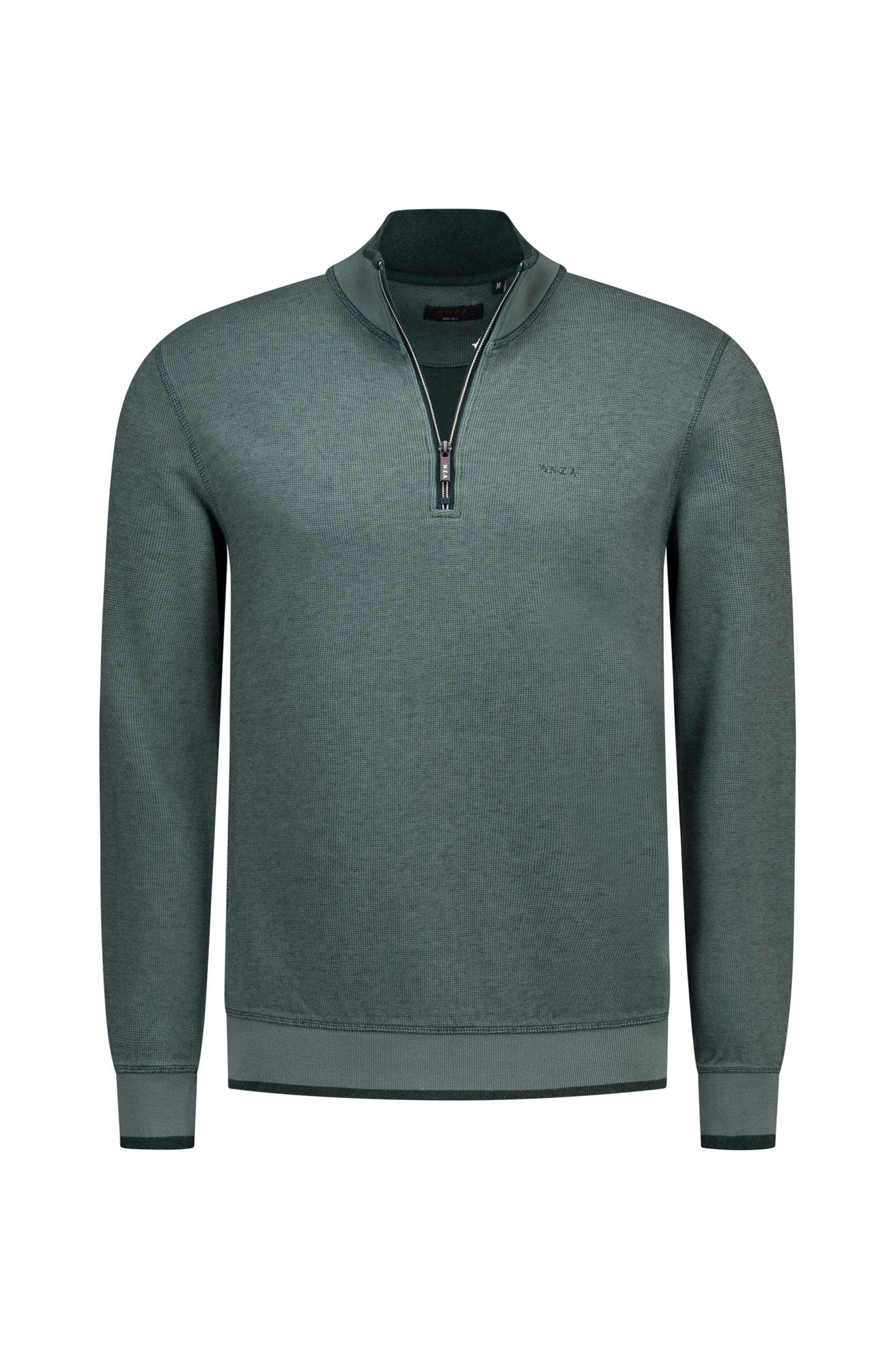 NZA men's green half-zip sweatshirt front view with stand collar, ribbed cuffs and small chest logo