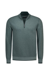 NZA men's green half-zip sweatshirt front view with stand collar, ribbed cuffs and small chest logo
