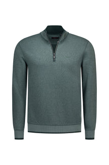 NZA men's green half-zip sweatshirt front view with stand collar, ribbed cuffs and small chest logo