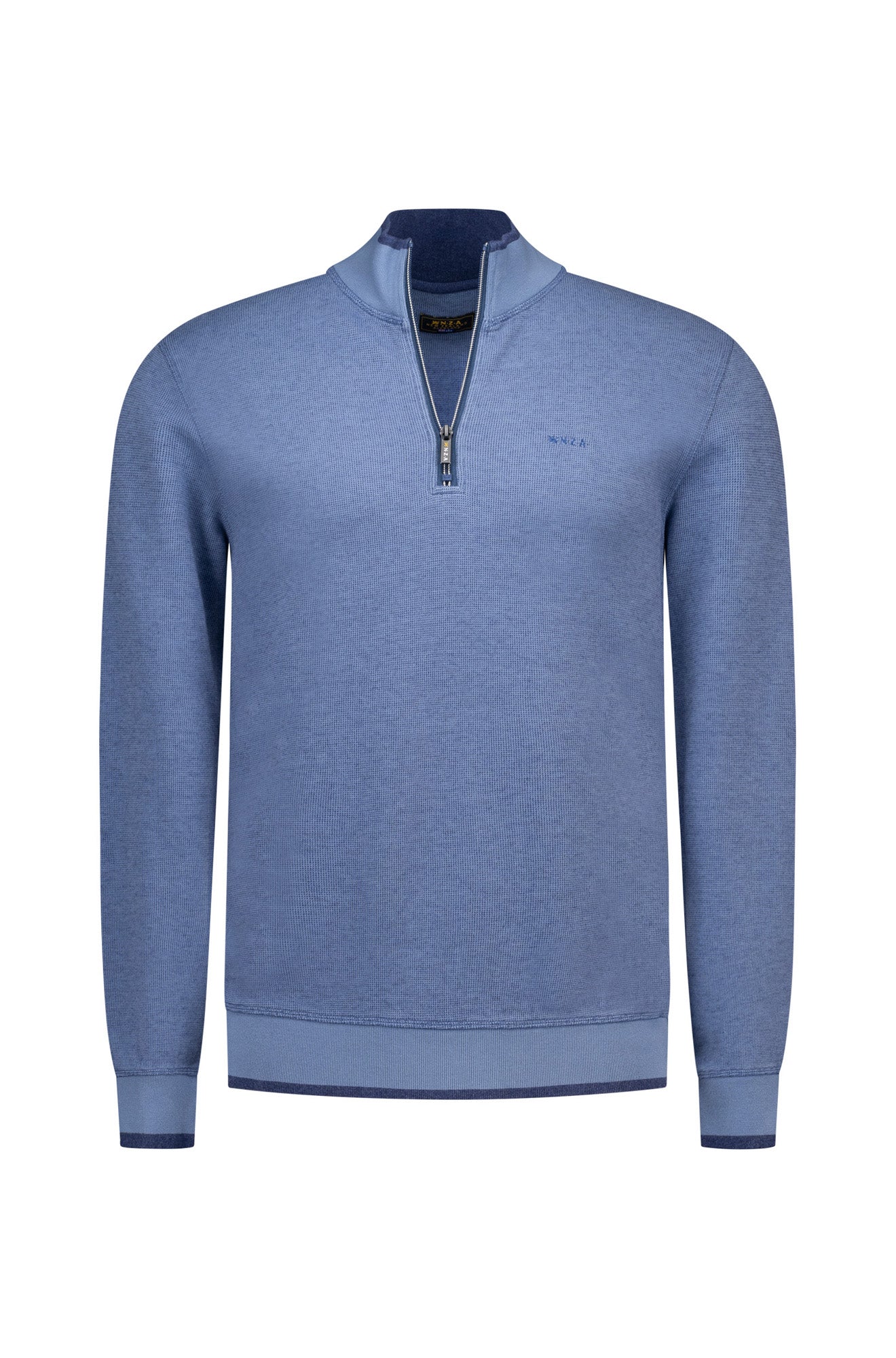 Men's blue half-zip sweatshirt, front view with stand collar, ribbed cuffs, and small chest logo by NZA