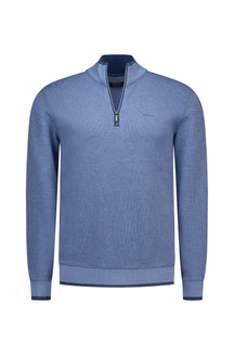 Men's blue half-zip sweatshirt, front view with stand collar, ribbed cuffs, and small chest logo by NZA