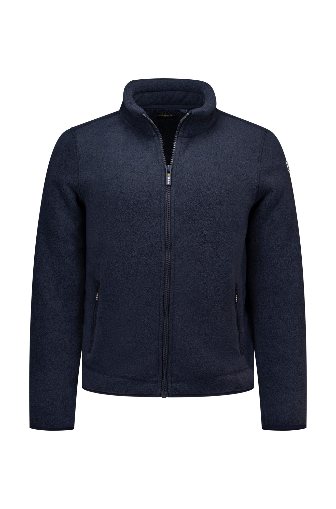 NZA men's dark navy zipper fleece full-zip sweatshirt with stand collar and zip hand pockets, front view