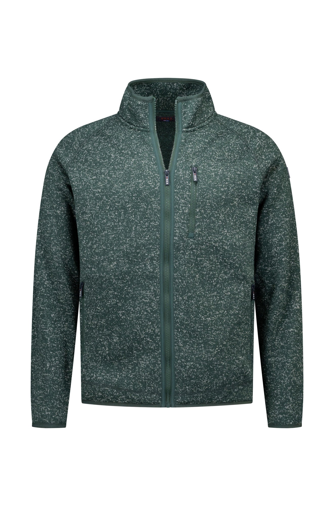 Men's heathered green full-zip cardigan with stand collar and vertical zip chest pocket, front view by NZA