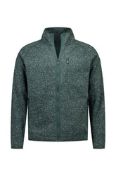 Men's heathered green full-zip cardigan with stand collar and vertical zip chest pocket, front view by NZA