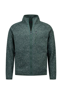 Men's heathered green full-zip cardigan with stand collar and vertical zip chest pocket, front view by NZA
