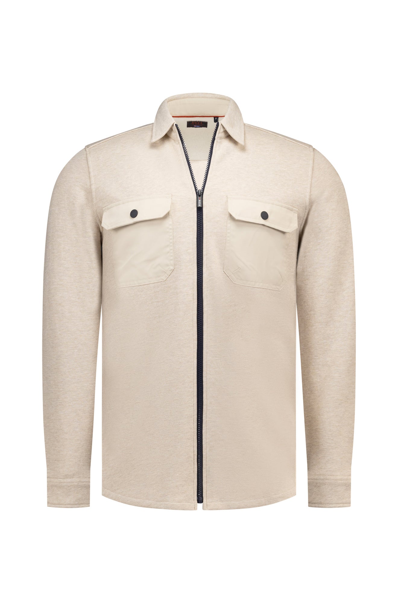 NZA men's beige sweat cardigan front view with shirt collar, dark zipper and flap chest pockets