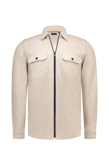 NZA men's beige sweat cardigan front view with shirt collar, dark zipper and flap chest pockets