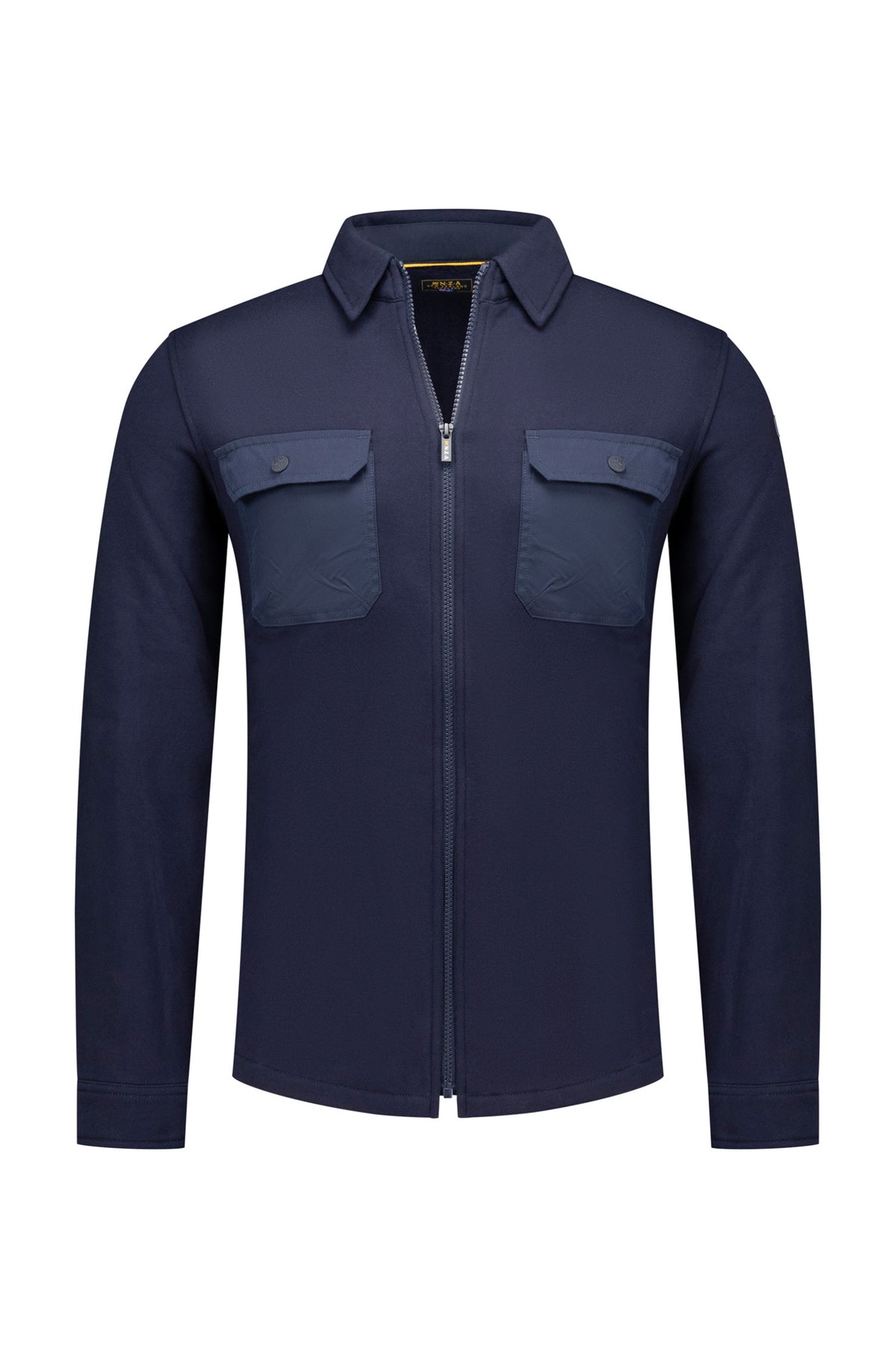 Men's navy zip-front sweat cardigan, front view, with shirt collar and flap chest pockets by NZA