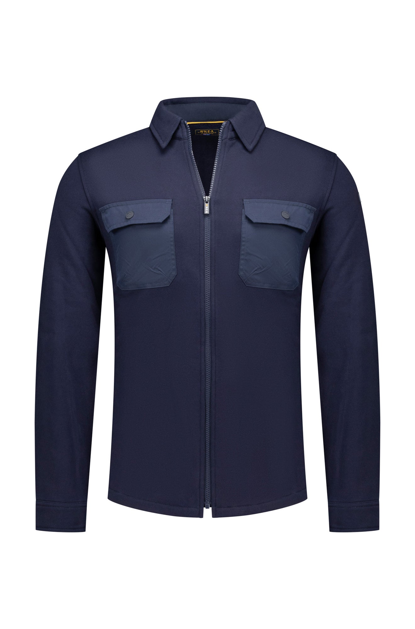 Men's navy zip-front sweat cardigan, front view, with shirt collar and flap chest pockets by NZA