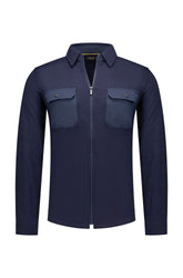 Men's navy zip-front sweat cardigan, front view, with shirt collar and flap chest pockets by NZA