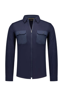 Men's navy zip-front sweat cardigan, front view, with shirt collar and flap chest pockets by NZA