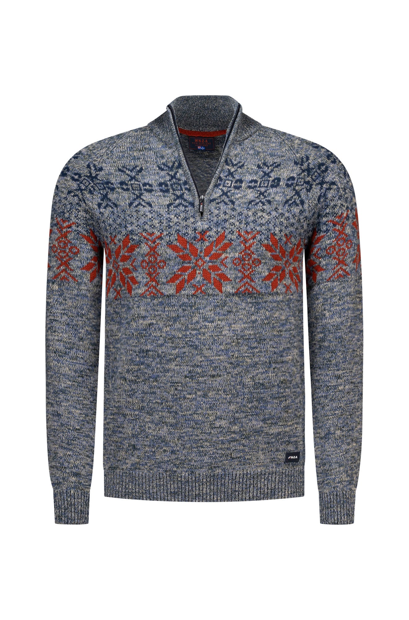 NZA men's blue-gray half-zip knit long-sleeve knit sweater with red Fair Isle chest pattern and ribbed cuffs, product view